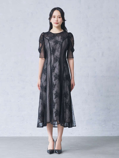 クラシックレースパイピングドレス：ブラック