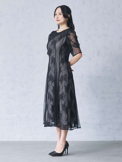 クラシックレースパイピングドレス：ブラック
