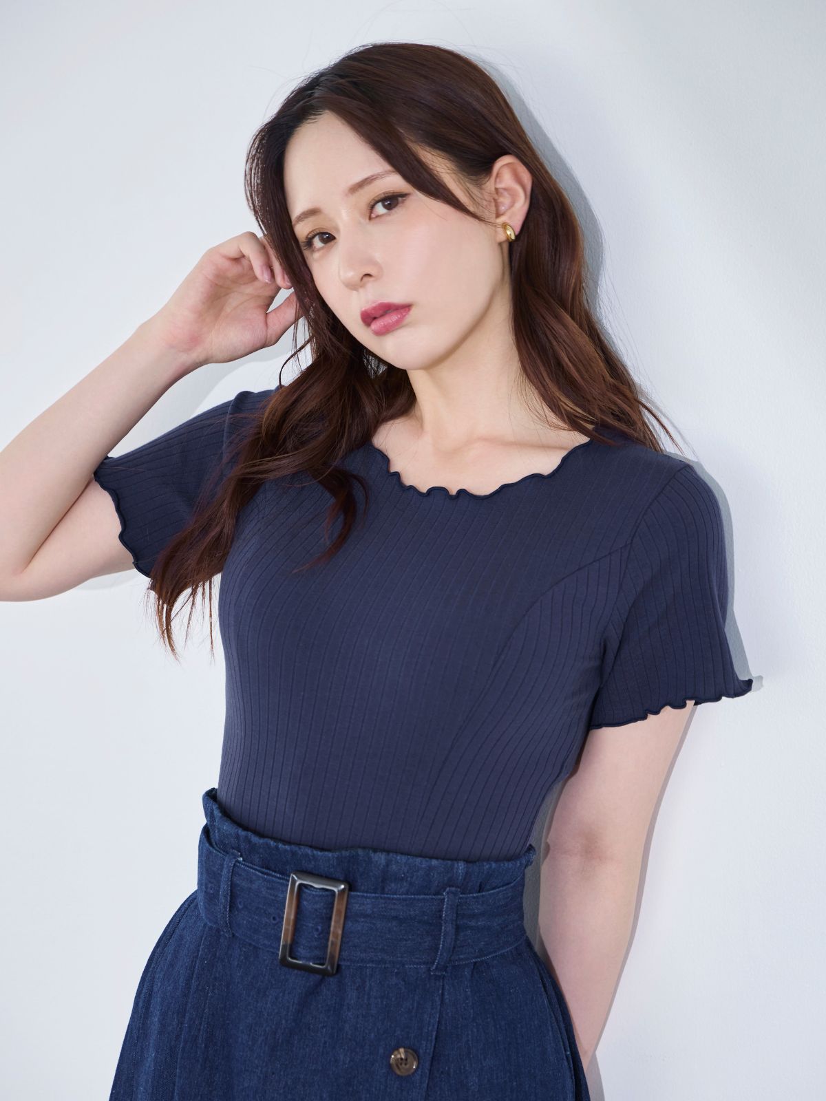 メローワイドテレコパネルカットソー：ネイビー│胸が大きな女性