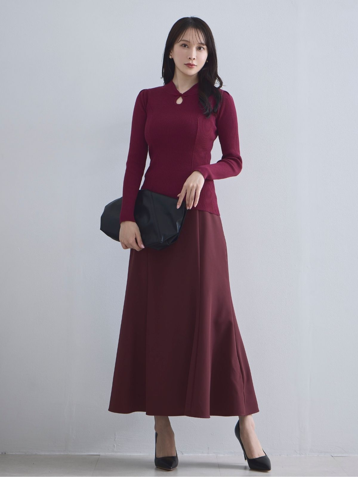 チャイナパネルニット：ボルドー│胸が大きな女性のためのファッション