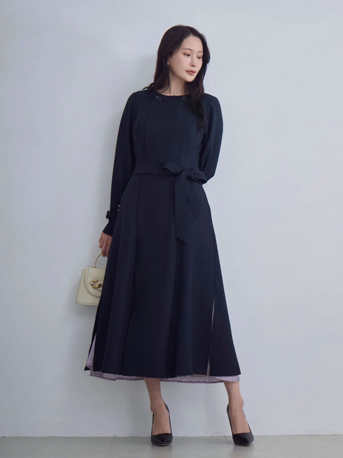 2wayノーカラートレンチコート26SS：ネイビー│胸が大きな女性のための