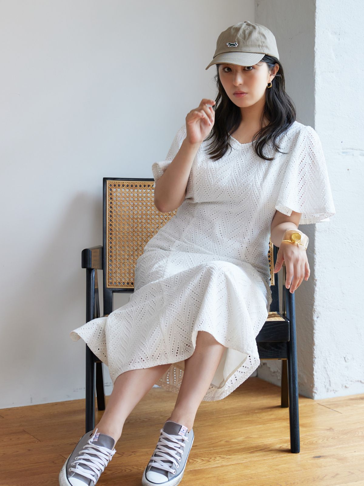 コットンレースワンピース 24SS：ホワイト│胸が大きな女性の