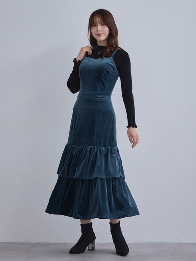 [11/27 22:00発売]ベロアキャミティアードワンピース：ティールブルー[102サイズ対応]