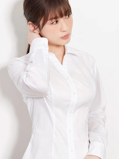 プレミアムストレッチ ホワイトシャツ：スキッパー24SS - overE/オーバーイー |胸が大きな女性のためのアパレルブランド