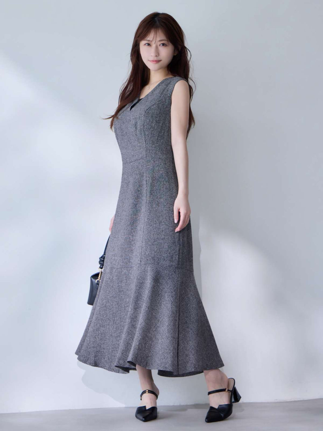 【試着のみ】OverE ツイードライクマーメイドワンピース 102 ツイードライクマーメイドワンピース：ミックスブラック│胸が