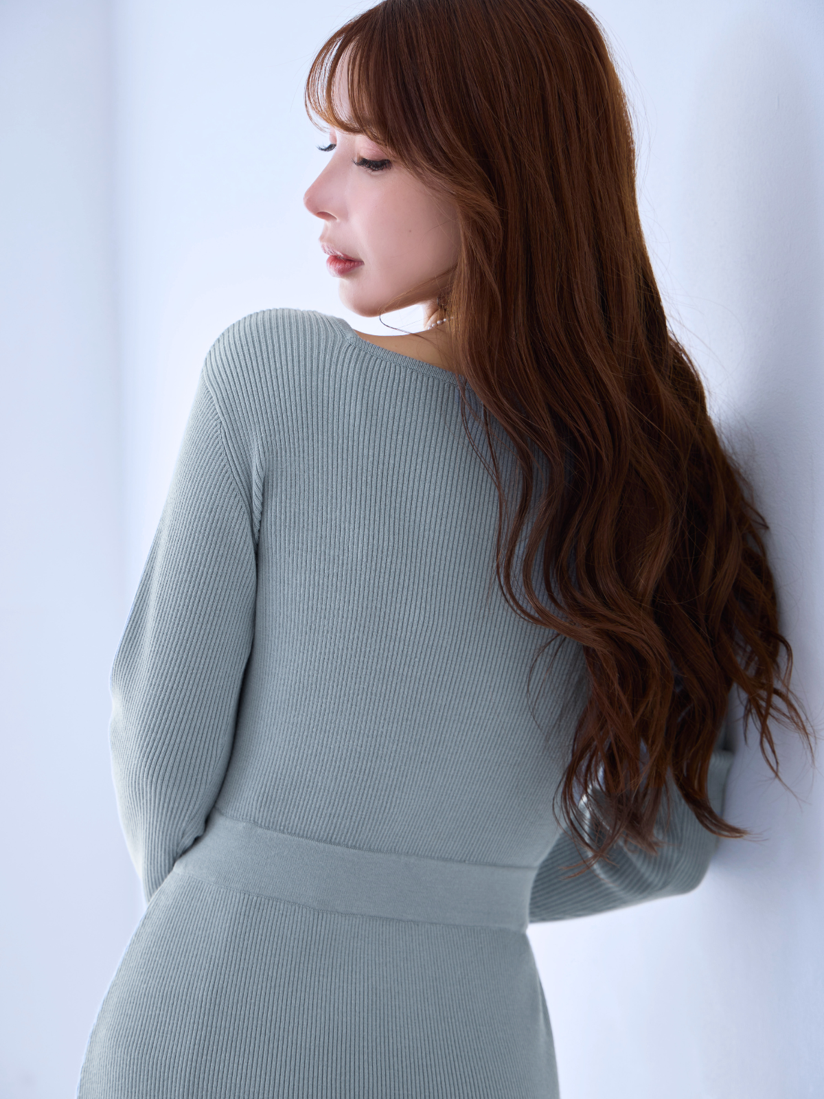 美品✨ダイアグラム ロングワンピース リブニット ブルー ベルト パールボタン オーバーイーoverE タイト風フロントボタンリブニットワンピース