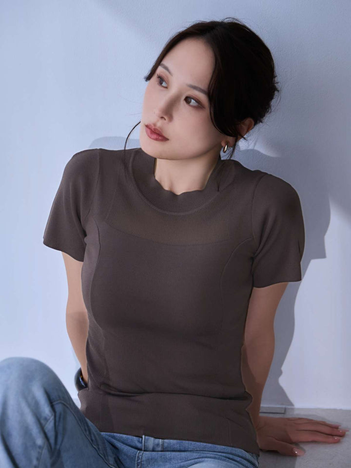 overE シアーサマーパネルニット 半袖Tシャツ ブラウン シアーサマーパネルニット：ブラウン│胸が大きな女性のための