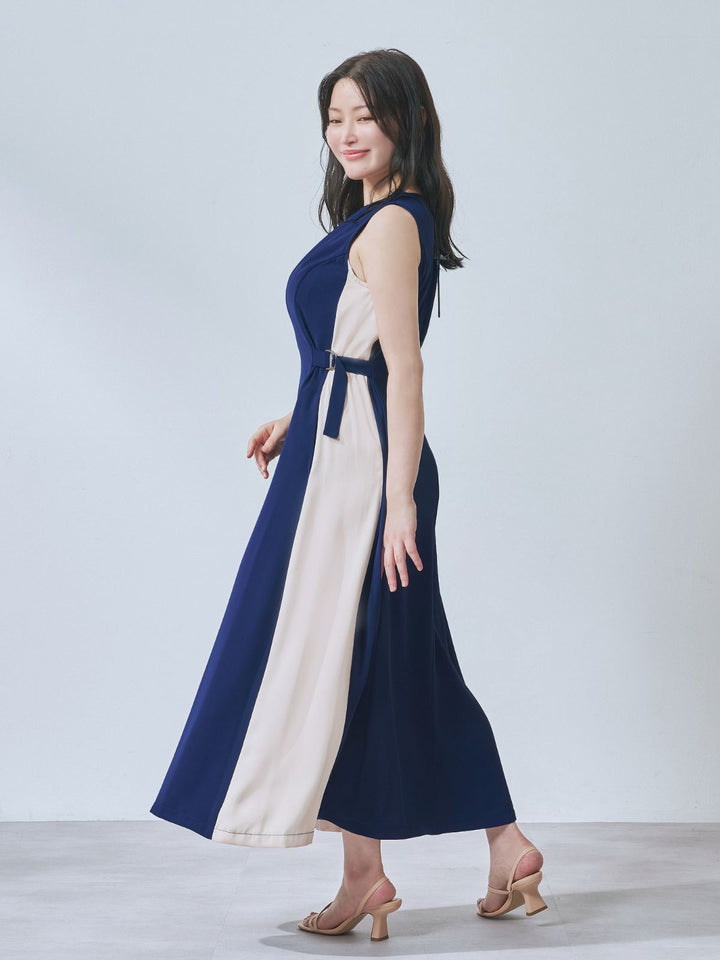 リニースタイルバイカラーワンピース：ネイビー│胸が大きな女性