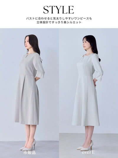 [9/4 22:00発売 期間限定 500円OFF]7分袖スクエアネックフレアワンピース：ライトグレー[102サイズ対応]