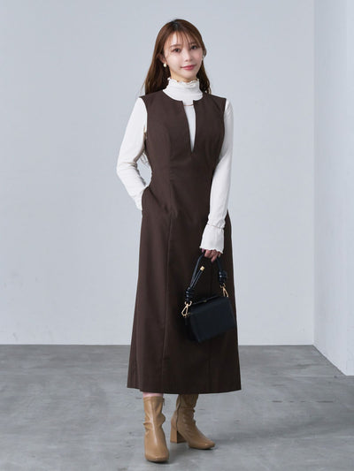キーネックジャンパースカート：ダークブラウン[102サイズ対応/Sサイズ対応]