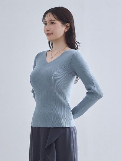 [10/2 22:00再販 期間限定 300円OFF]Vネックパネルニット：スモーキーブルー[102サイズ対応]