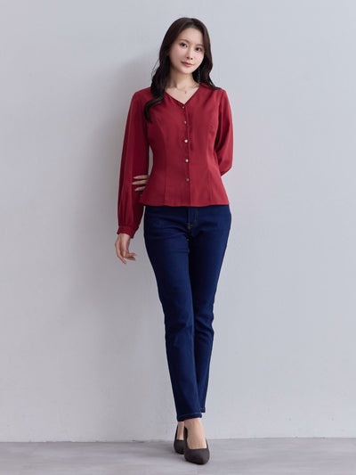 [10/23 22:00発売 期間限定 300円OFF] Vネック前開きブラウス 25AW：ルージュ[102サイズ対応/入荷次第発送]