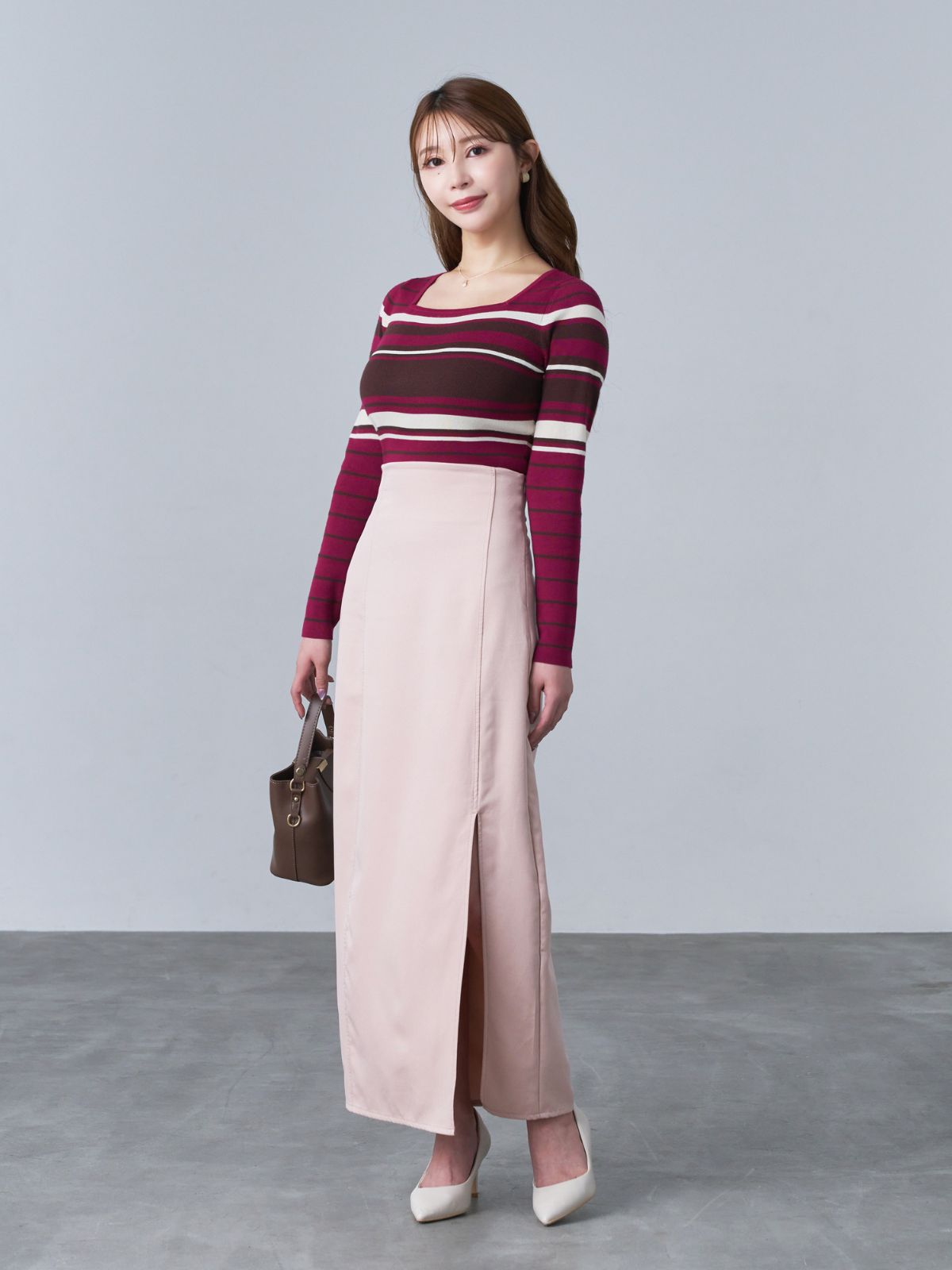 [11/20 22:00再販]スクエアネックマルチボーダーニット：ワイン[102サイズ対応]