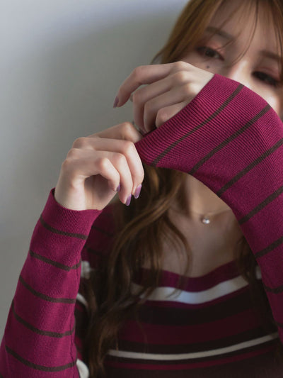 [11/20 22:00再販]スクエアネックマルチボーダーニット：ワイン[102サイズ対応]