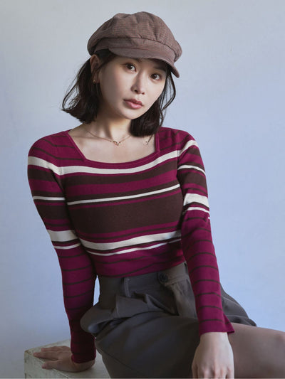 [11/20 22:00再販]スクエアネックマルチボーダーニット：ワイン[102サイズ対応]