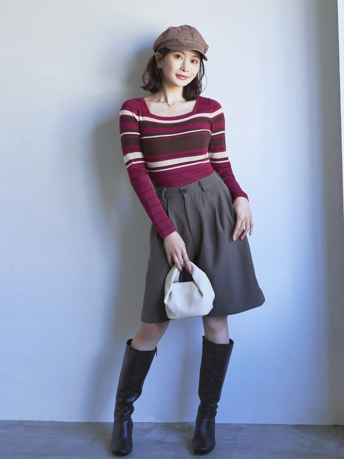 [11/20 22:00再販]スクエアネックマルチボーダーニット：ワイン[102サイズ対応]