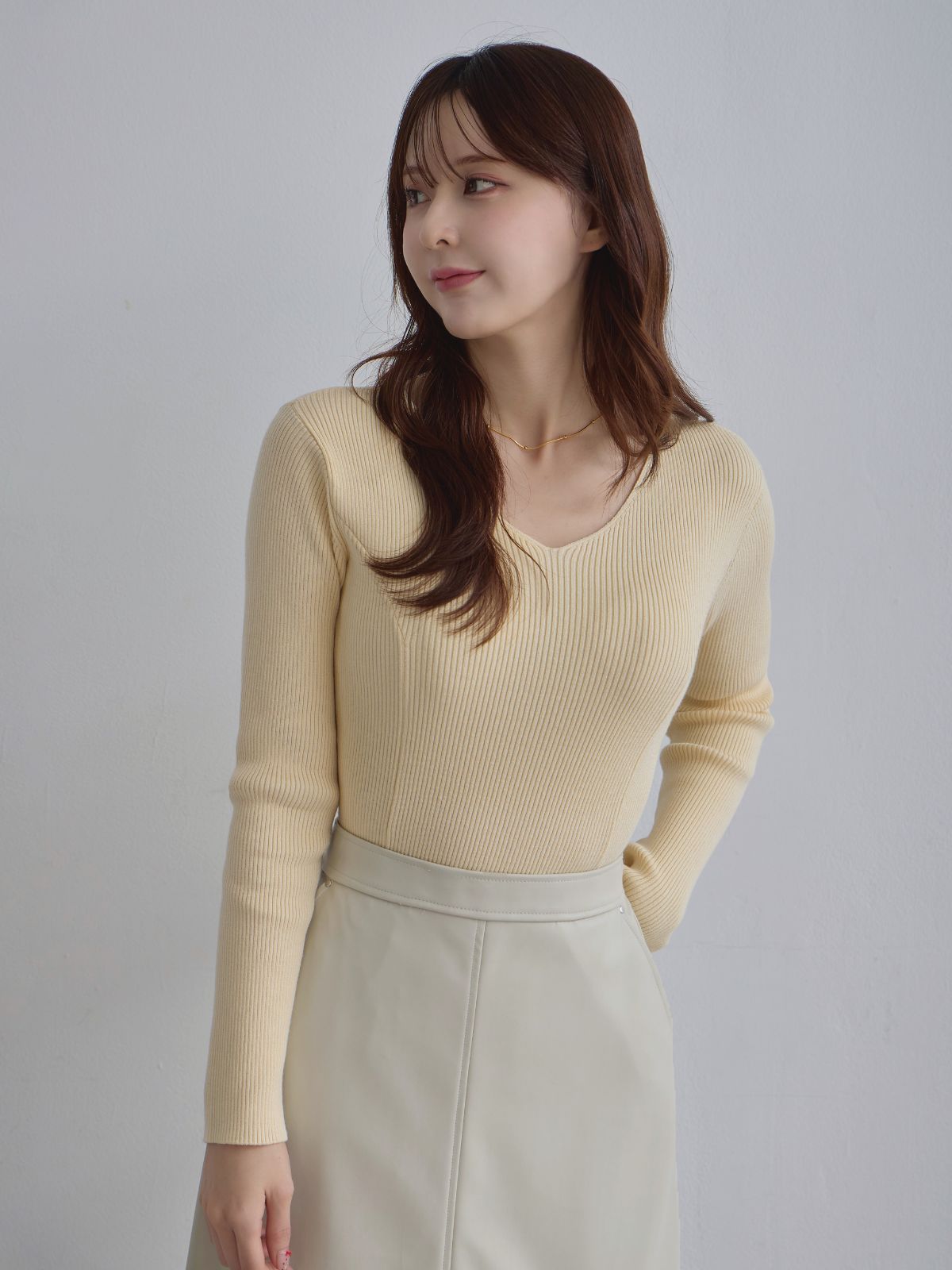 [12/4 22:00発売 期間限定 300円OFF]Vネックパネルニット：バニラ[102サイズ対応]