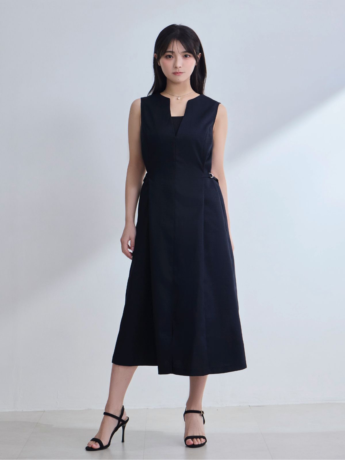overE　ポリニージャンパースカート2点　サックス　ネイビーチェック　102 ポリニージャンパースカート：ネイビー│胸が大きな女性のための