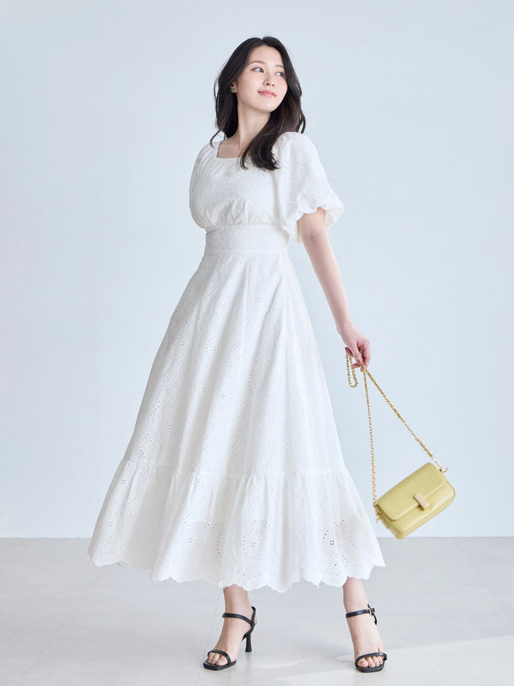 【美品】overE コットンレースワンピース　ホワイト　90 通常丈 半透明ブラ紐付き オフショルにできるコットンレースワンピース