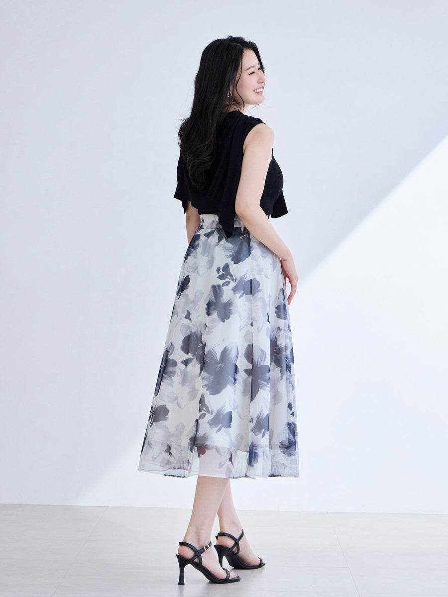 [7/2 22:00発売 期間限定 300円OFF]シアーフラワーフレアスカート：ホワイト