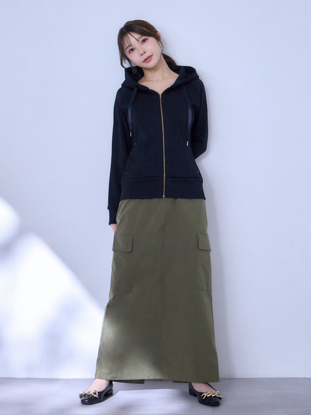 overE セミフレアスカート　インディゴ　L 配色ステッチセミフレアスカート [M2695] - レディース