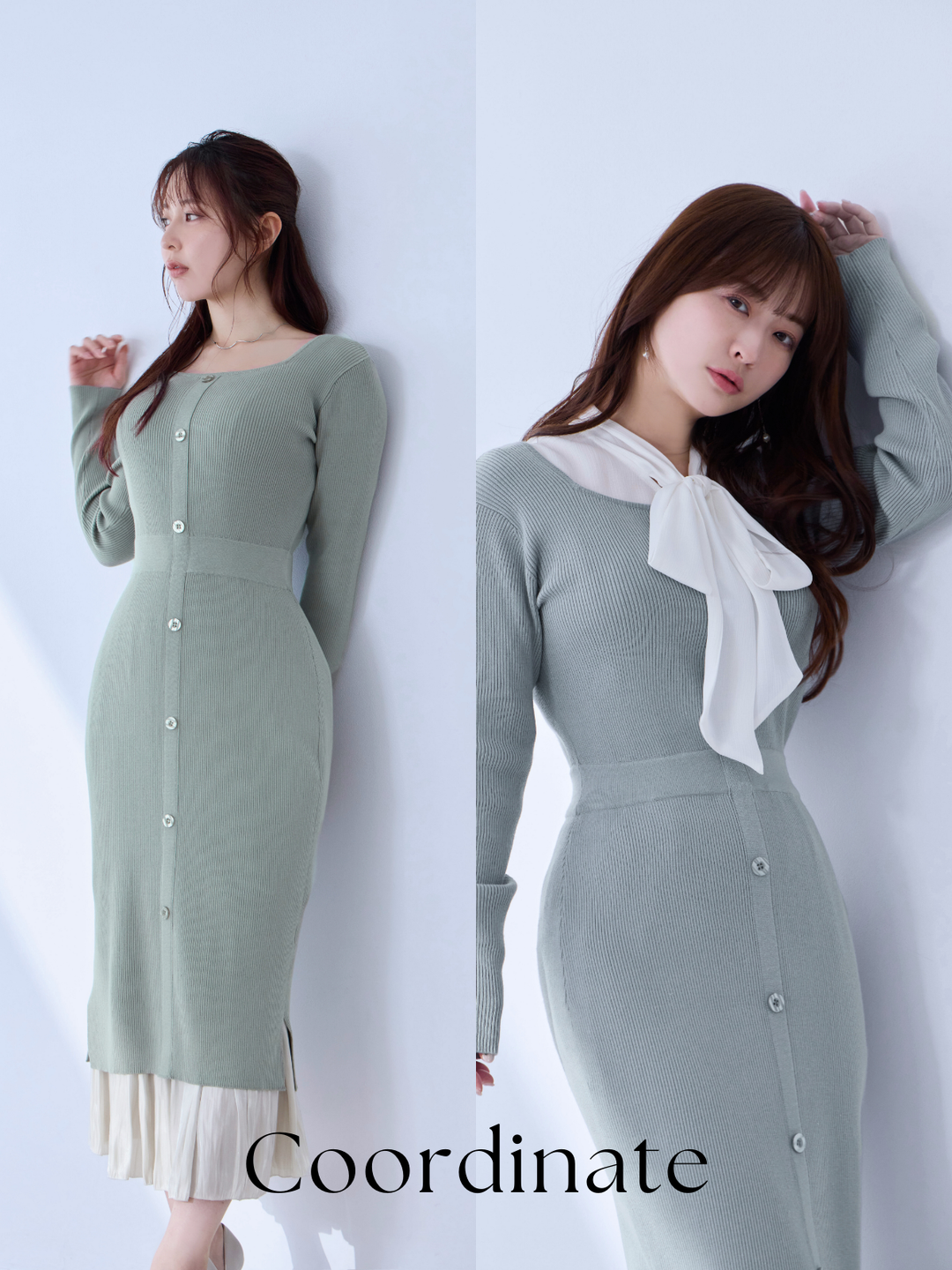 タイト風フロントボタンリブニットワンピース:スモーキーブルー タイト風フロントボタンリブニットワンピース:スモーキーブルー