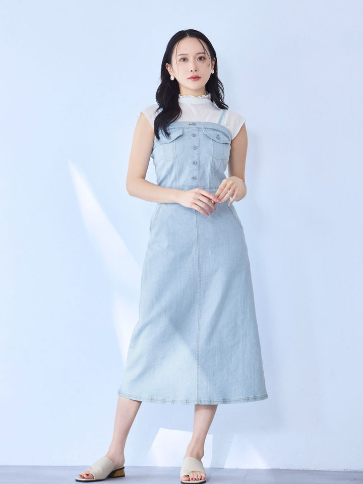 overE(オーバーイー)肩紐外せるストレッチデニムワンピース 肩紐外せるストレッチデニムワンピース：ライトブルー│胸が