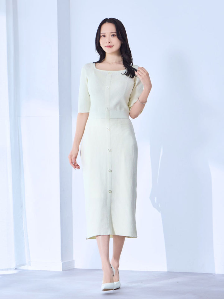 【S.O】5分袖タイト風フロントボタンリブニットワンピース　102 華紺 13_c6127e69-e93f-42f0-afca-