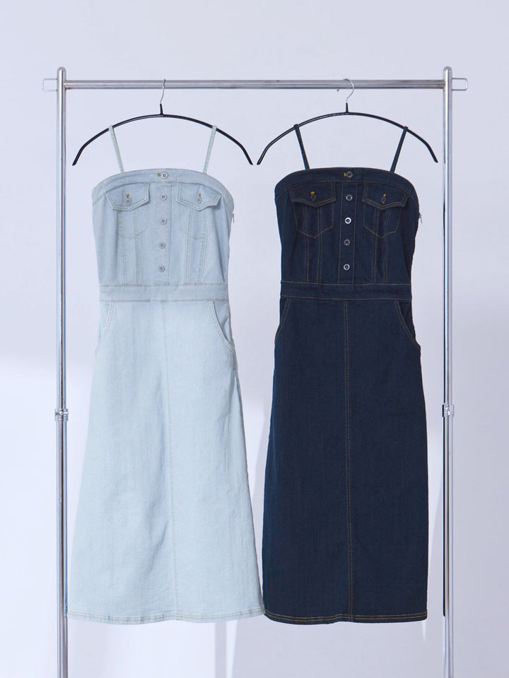 公式完売品☆overE 肩紐外せるストレッチデニムワンピース：ライトブルーu65 肩紐外せるストレッチデニムワンピース：ライトブルー│胸が