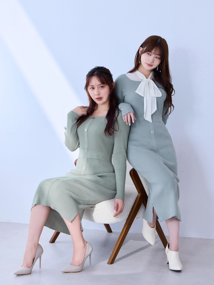 タイト風フロントボタンリブニットワンピース:スモーキーブルー タイト風フロントボタンリブニットワンピース:スモーキーブルー