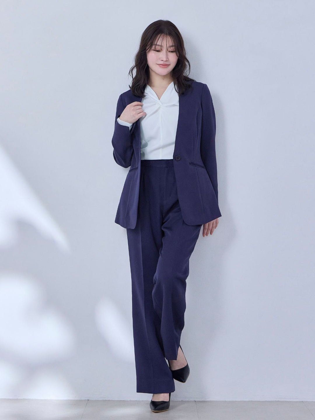 ハイストレッチジョーゼットパンツ：ネイビー│胸が大きな女性のための