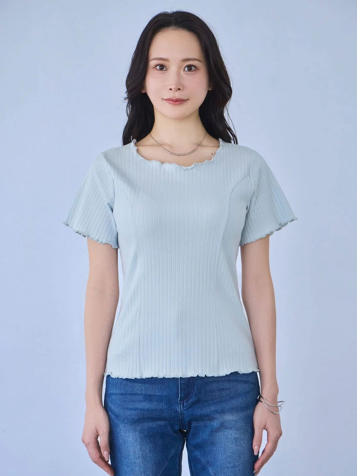 overE・メローワイドテレコパネルカットソー25SS ペールブルー　102 メローワイドテレコパネルカットソー：メランジグレー│胸が大きな女性