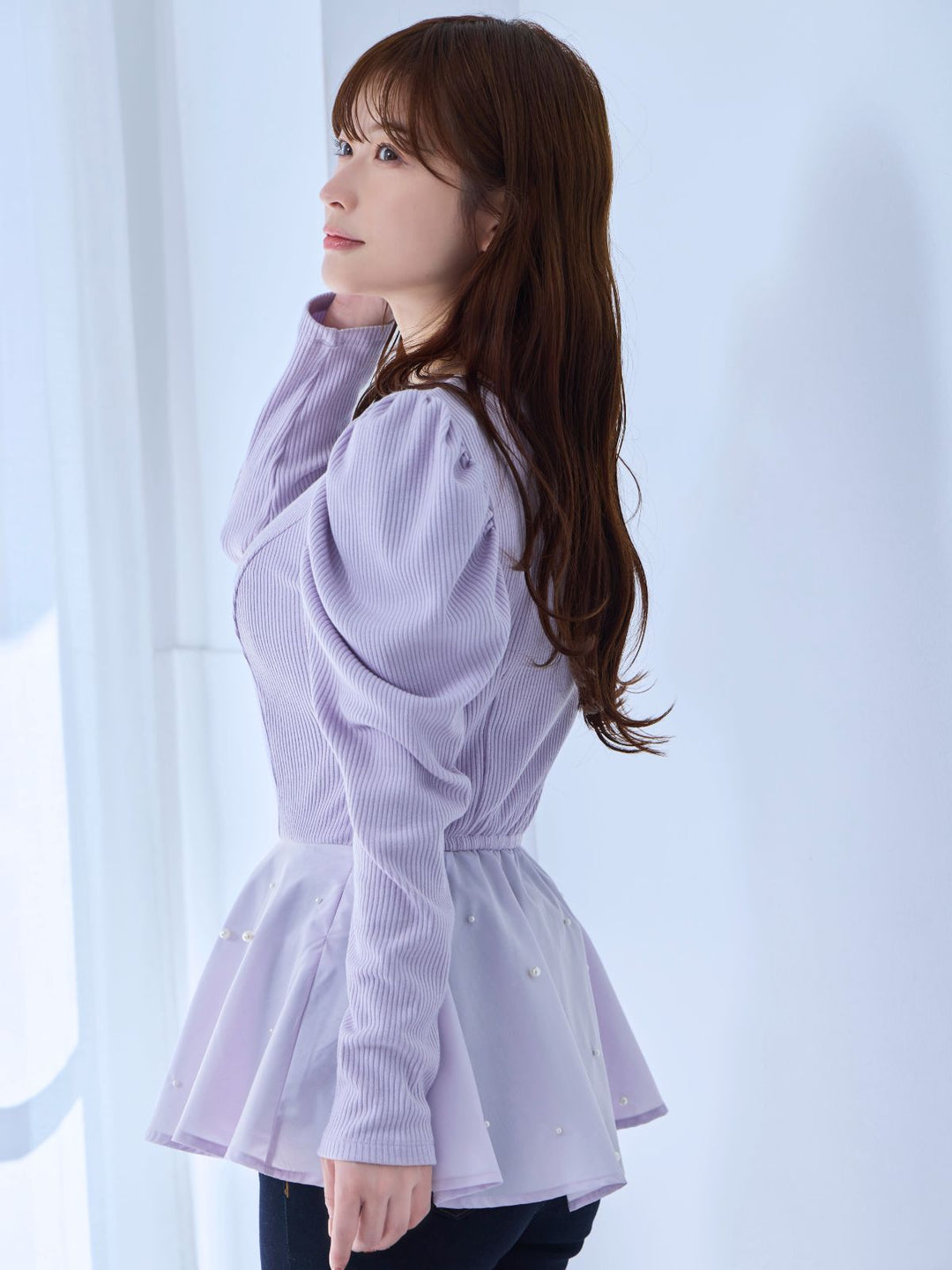 し*り様 OverE パール付きペプラムリブカットソー(ラベンダー) 90サイズ パール付きペプラムリブカットソー：ラベンダー│胸が大きな女性のため