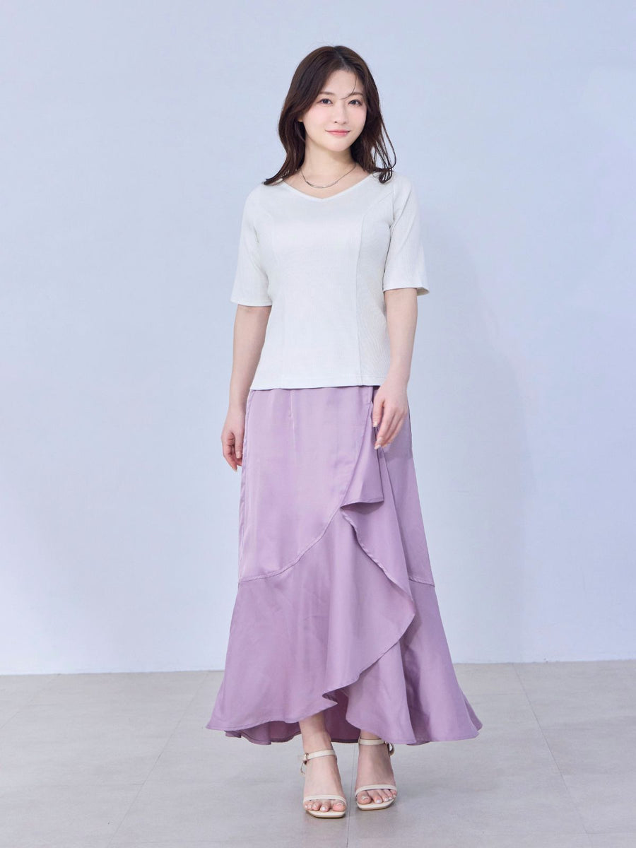 [4/9 22:00発売 期間限定 300円OFF]Vネックミニラメテレコパネルカットソー：ホワイト[102サイズ対応/一部入荷次第発送]