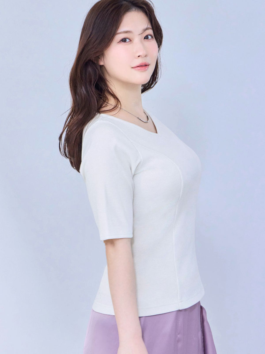 [4/9 22:00発売 期間限定 300円OFF]Vネックミニラメテレコパネルカットソー：ホワイト[102サイズ対応/一部入荷次第発送]