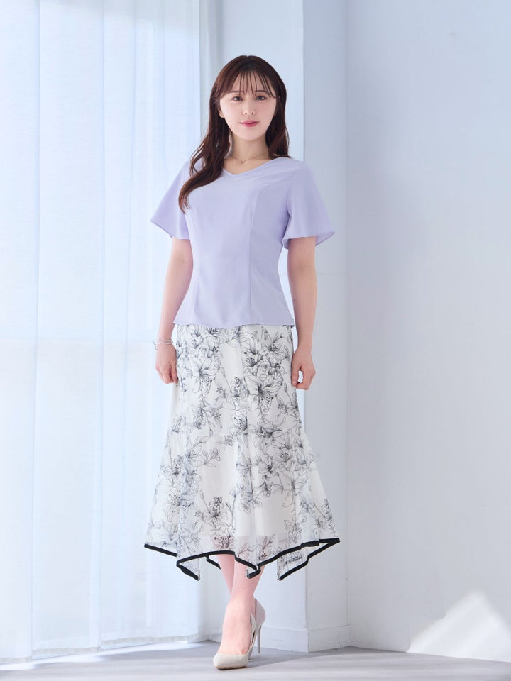 ストレッチフレアスリーブブラウス 25SS：パステルラベンダー│胸が