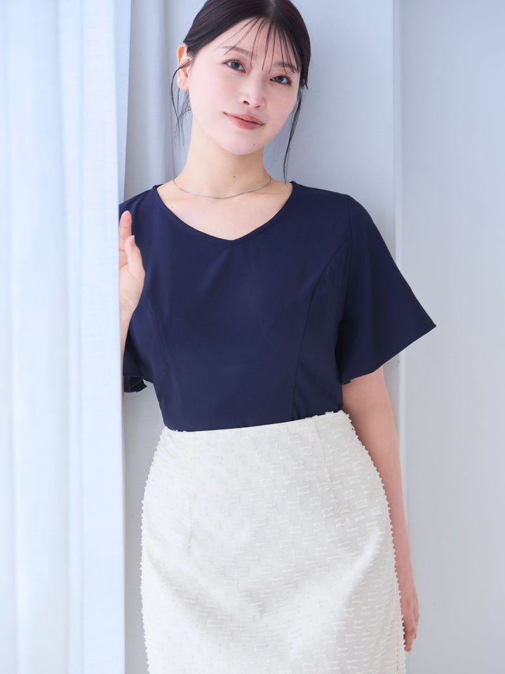 ストレッチフレアスリーブブラウス 25SS：ネイビー│胸が大きな女性の