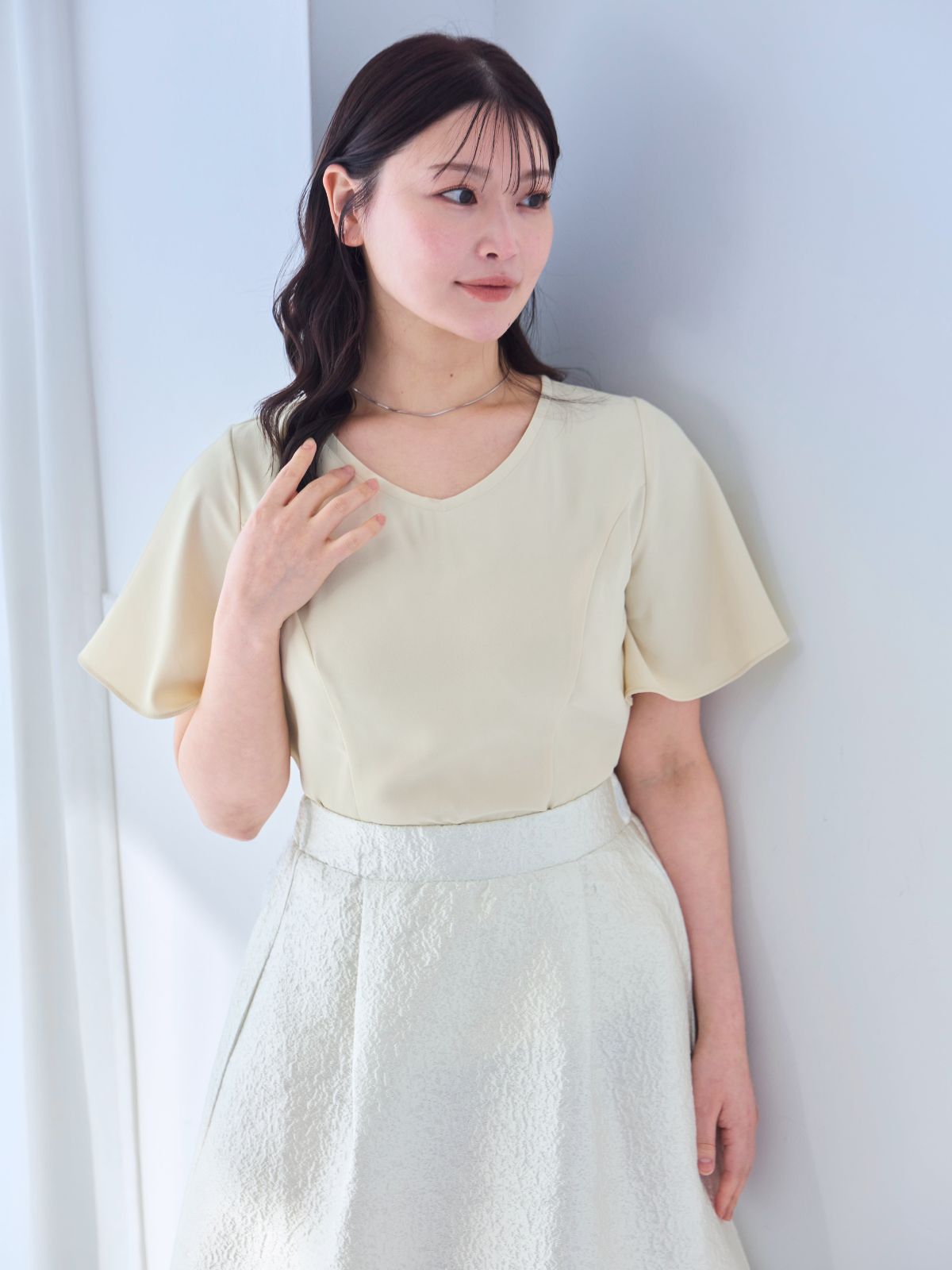 [5/15 22:00発売 期間限定 300円OFF]ストレッチフレアスリーブブラウス 25SS：パステルイエロー[102サイズ対応]