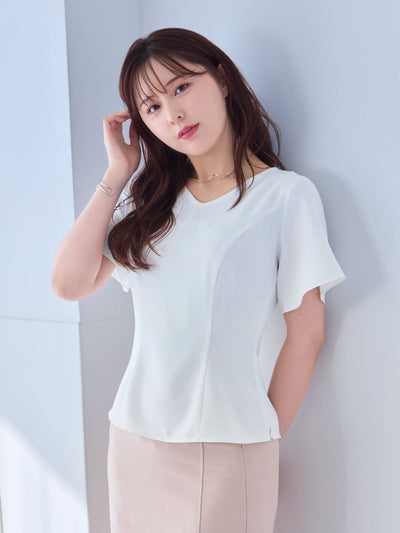 [5/15 22:00発売 期間限定 300円OFF]ストレッチフレアスリーブブラウス 25SS：ホワイト[102サイズ対応]
