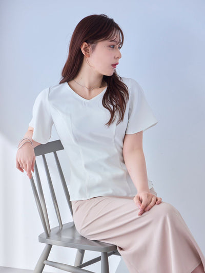 [5/15 22:00発売 期間限定 300円OFF]ストレッチフレアスリーブブラウス 25SS：ホワイト[102サイズ対応]