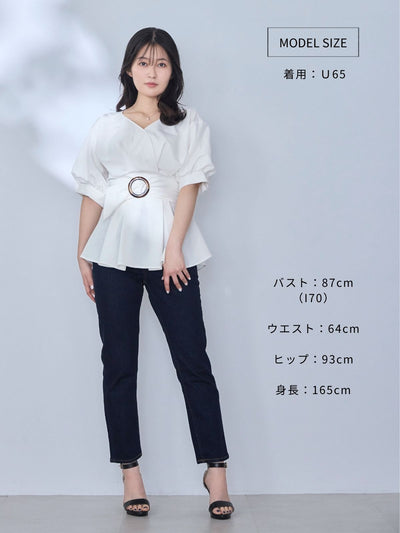 [6/5 22:00発売]ウエストベルト付きカシュクールブラウス 25SS：ライトブルー[102サイズ対応]