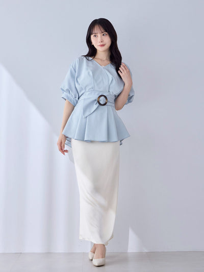 [6/5 22:00発売]ウエストベルト付きカシュクールブラウス 25SS：ライトブルー[102サイズ対応]