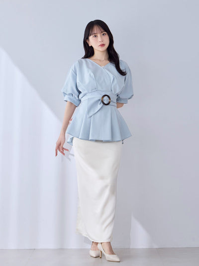 [6/5 22:00発売]ウエストベルト付きカシュクールブラウス 25SS：ライトブルー[102サイズ対応]