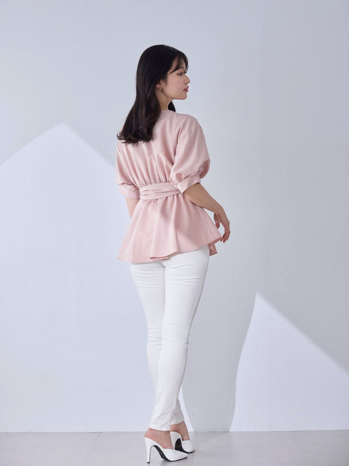 overE ウエストベルト付きカシュクールブラウス 90 ピンク ウエストベルト付きカシュクールブラウス 25SS：ライトピンク