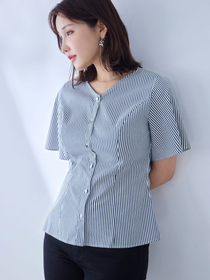 【未使用セット販売】overE ストレッチコットンストライプブラウス&スカート ストレッチコットンストライプブラウス：ライトブラック│胸が大きな