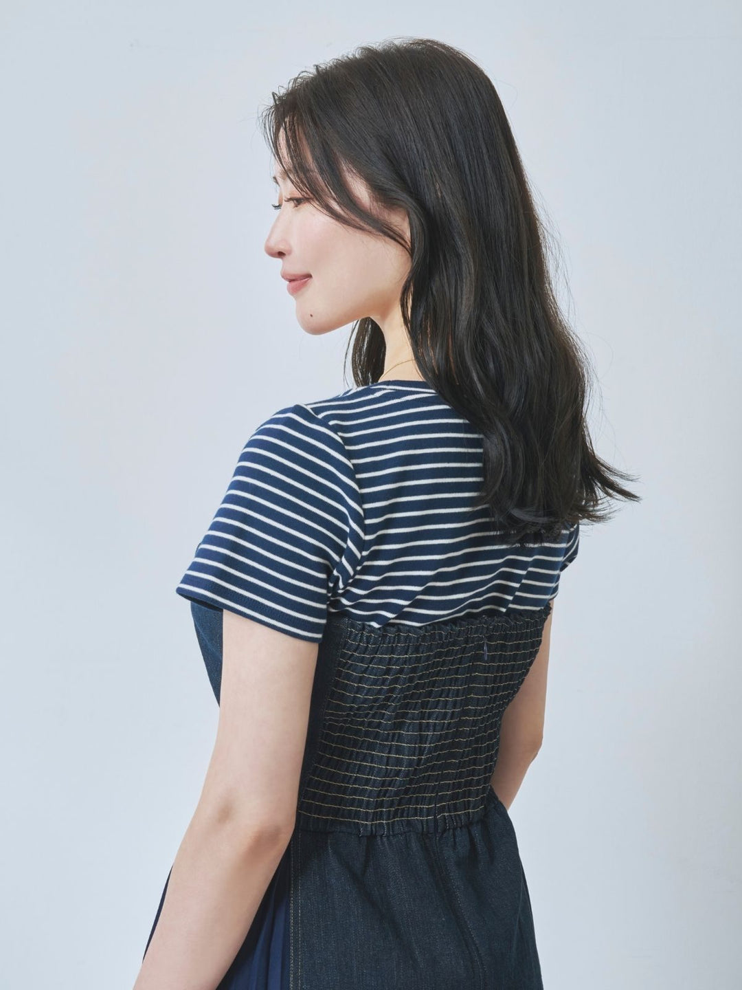 ボーダーベーシックラウンドネックTシャツ：ワイドネイビー│胸