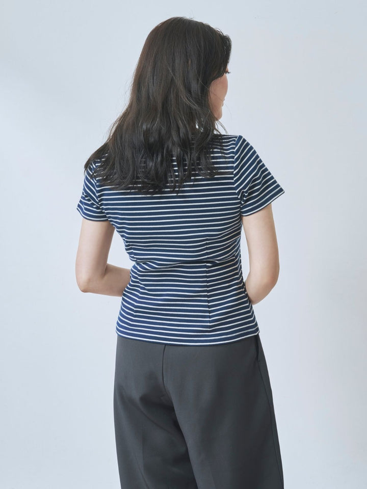 overE ボーダートップス2枚セット ボーダーベーシックラウンドネックTシャツ：ワイドネイビー│胸