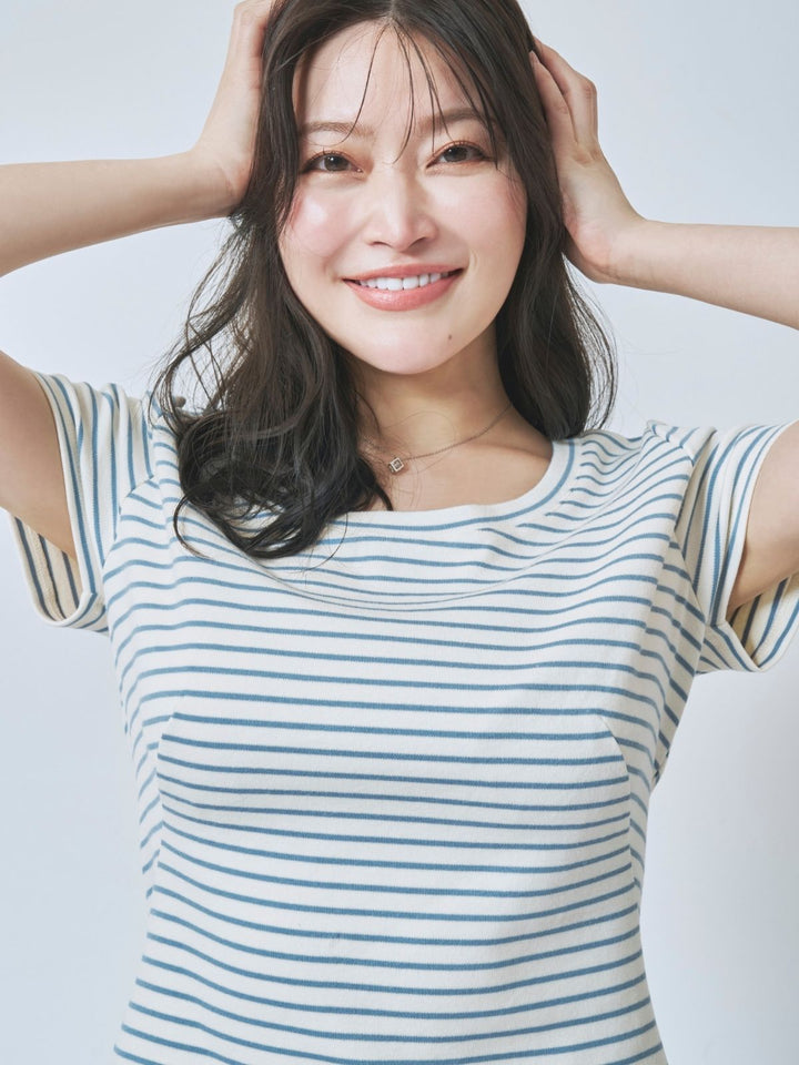 ボーダーベーシックラウンドネックTシャツ：ナローライトブルー