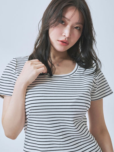 [7/24 22:00発売 期間限定 200円OFF]ボーダーベーシックラウンドネックTシャツ：ナローブラック[102サイズ対応/入荷次第発送]