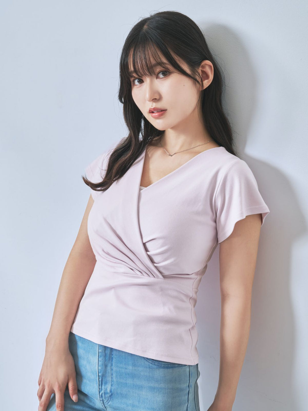 サマーカシュクールカットソー：パウダーピンク│胸が大きな女性のため
